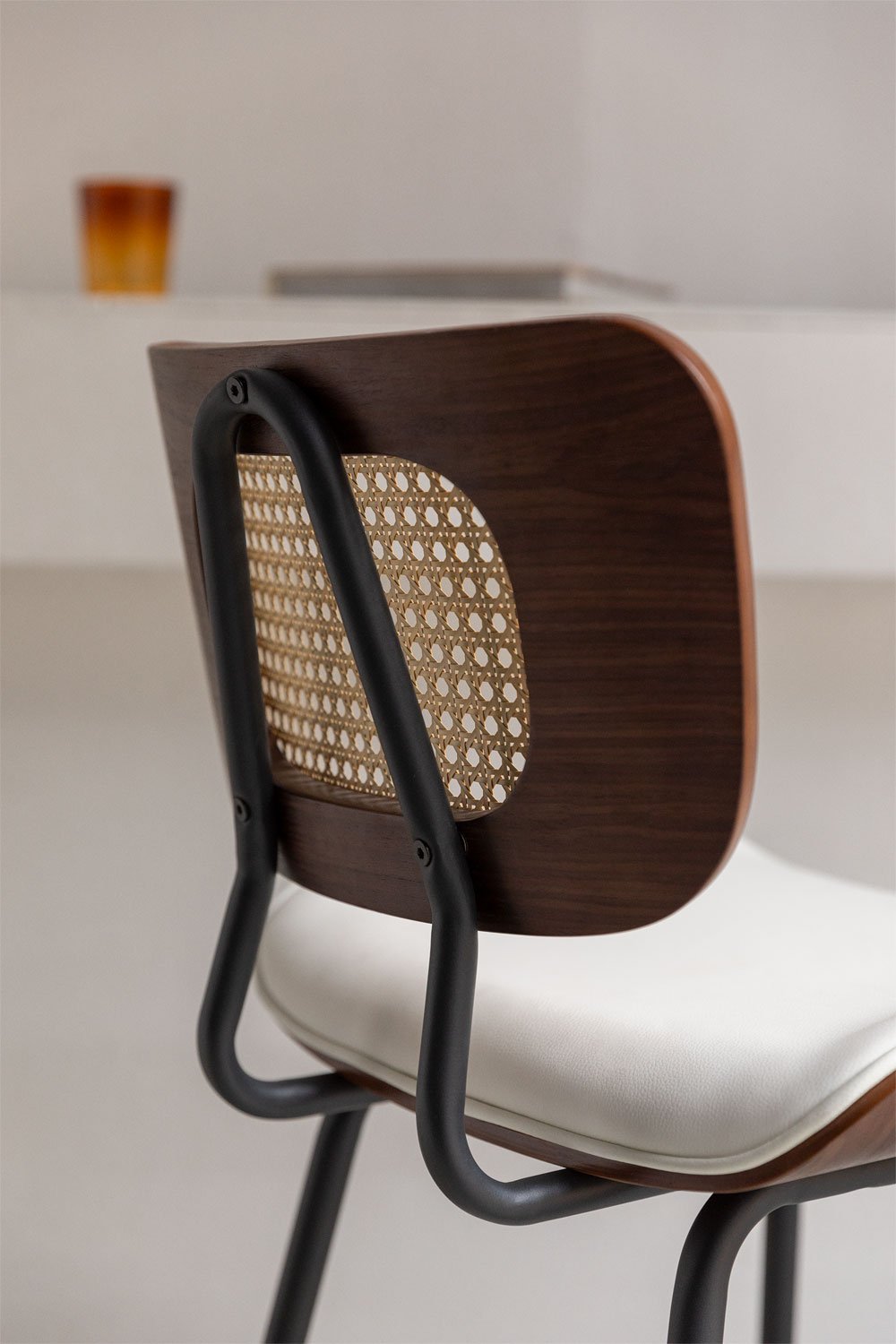 High stool in wood, rattan and Raysa leatherette, gallery image 2