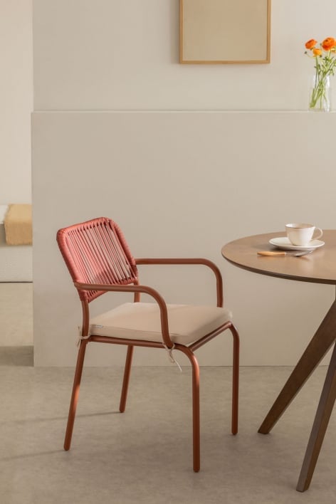 Stackable dining chair with armrests in aluminium and braided rope Arhiza - Red Roof Tile