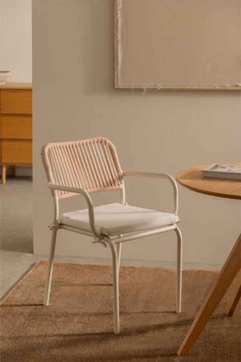 Stackable dining chair with armrests in aluminium and braided rope Arhiza
