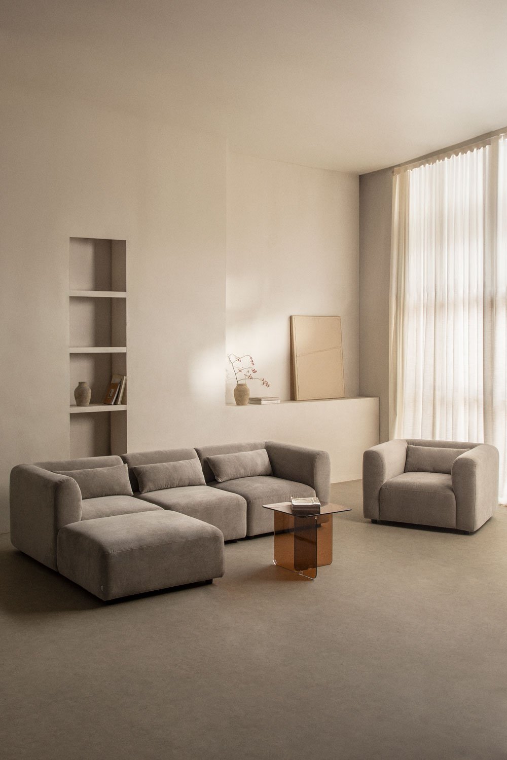 Living room set with 3-piece modular sofa, armchair and Fogler pouf, gallery image 1