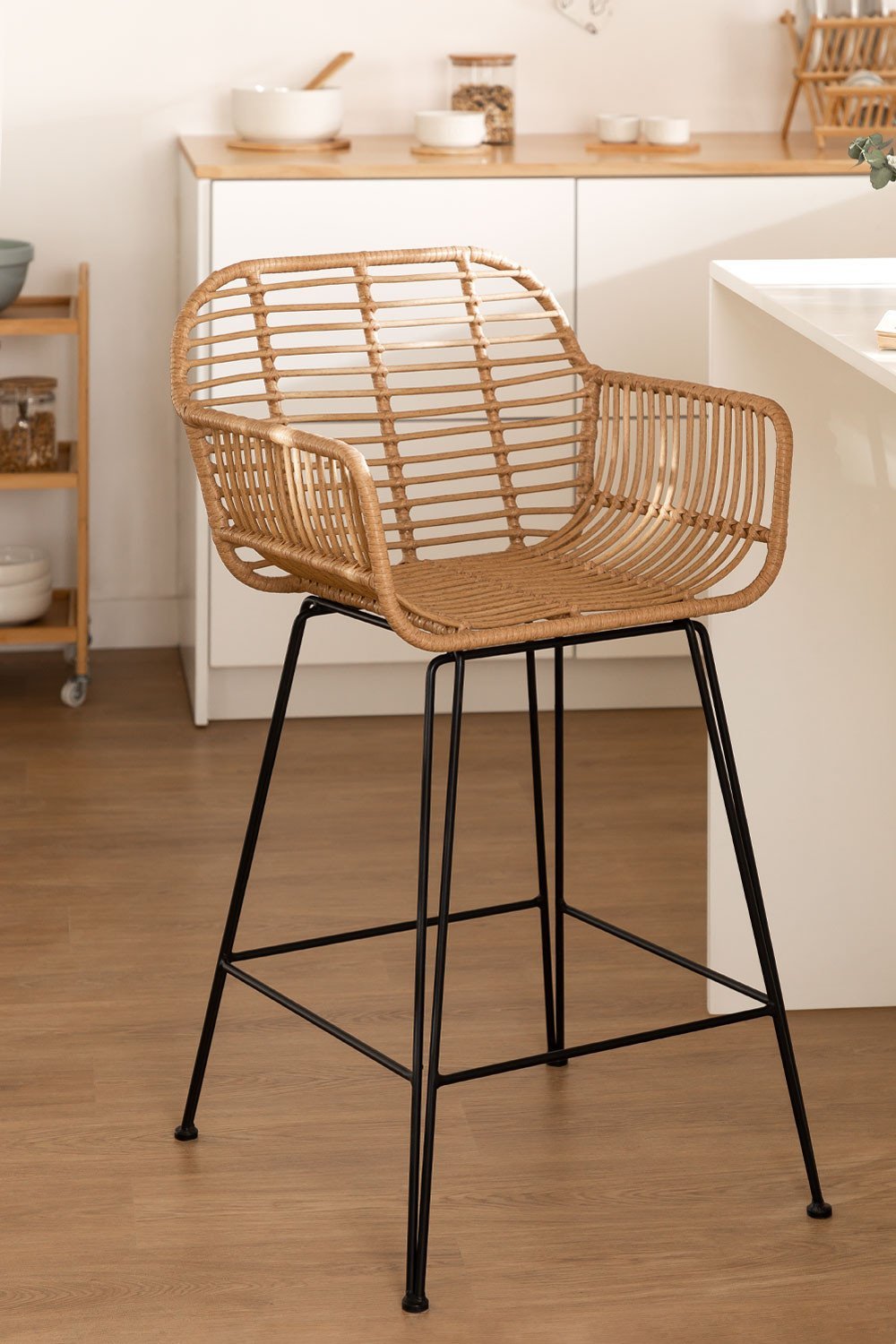 Pack of 2 Eska synthetic rattan high stools, gallery image 1