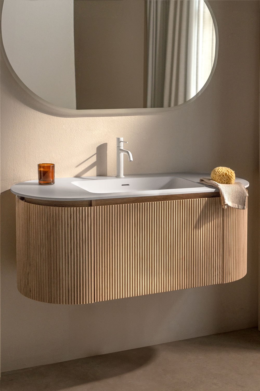 Suspended wooden bathroom furniture set with integrated Carsone sink, gallery image 1