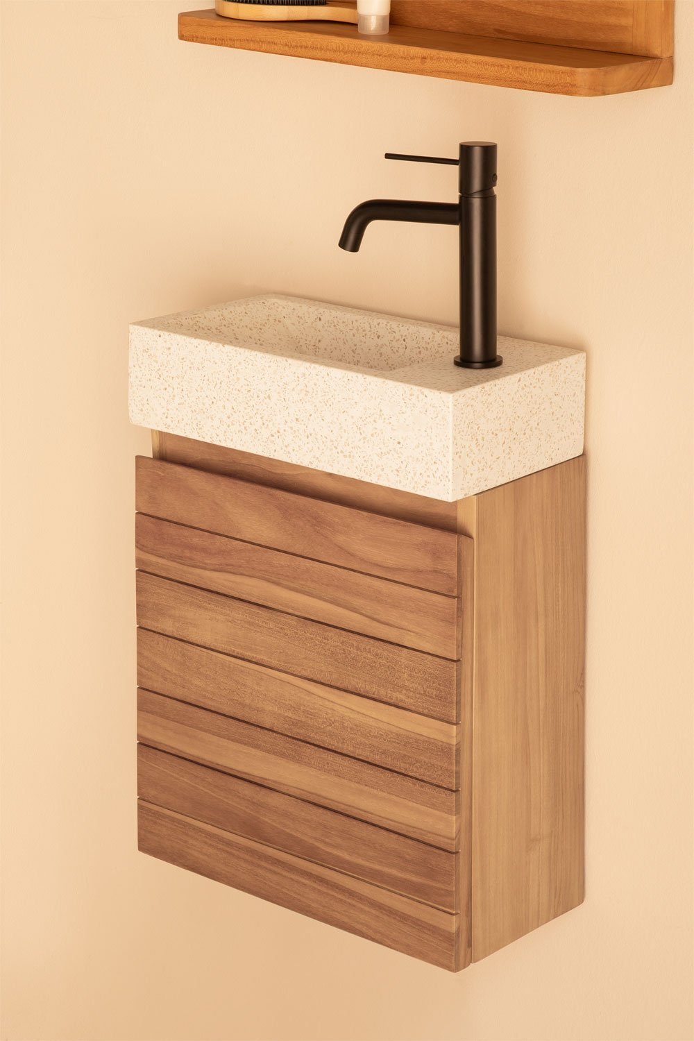 Bathroom furniture set in teak wood with integrated Napier cement washbasin, gallery image 1