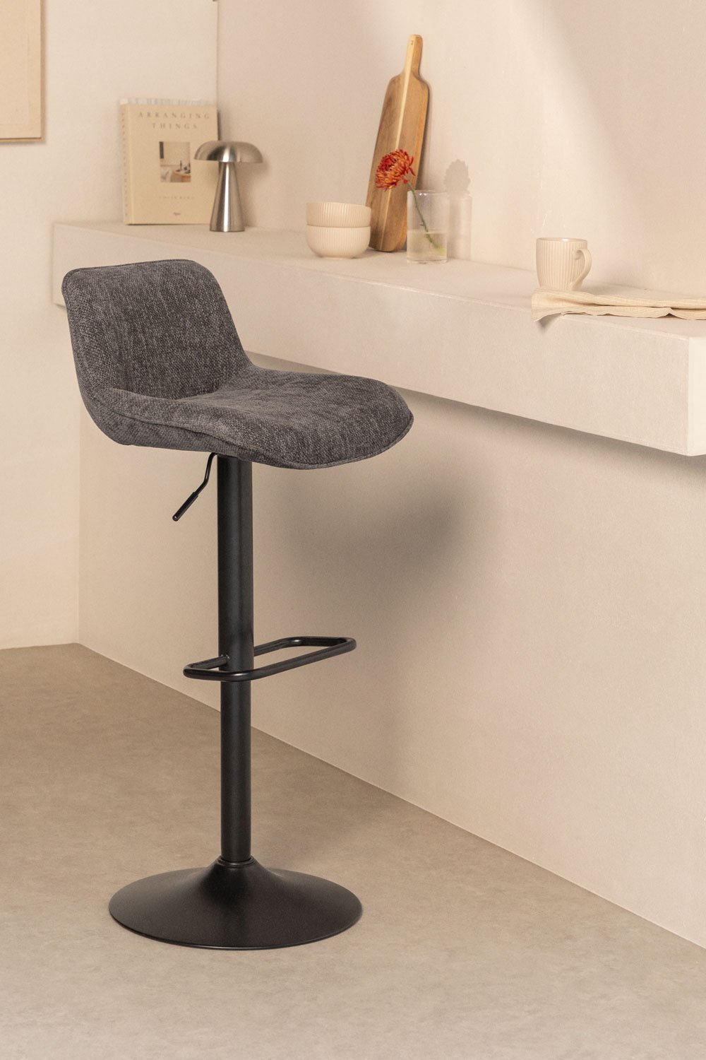 adjustable high stool with backrest in grey fabric and black legs Igarasi, gallery image 1