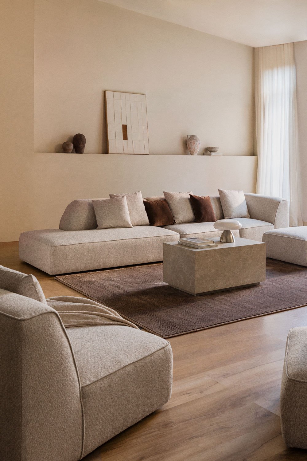 3-piece modular corner sofa with left divan and pouf in Cardea bouclé fabric, gallery image 1