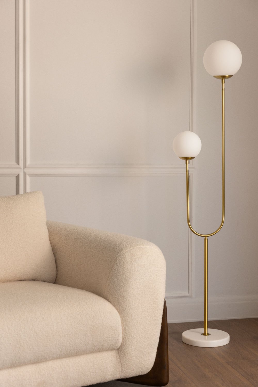 Niama floor lamp in iron, marble and two glass balls, gallery image 1