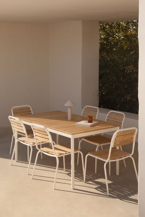 Rectangular Table Set 160x90 cm and 6 Stackable Garden Chairs in Steel and Acacia Wood Artus