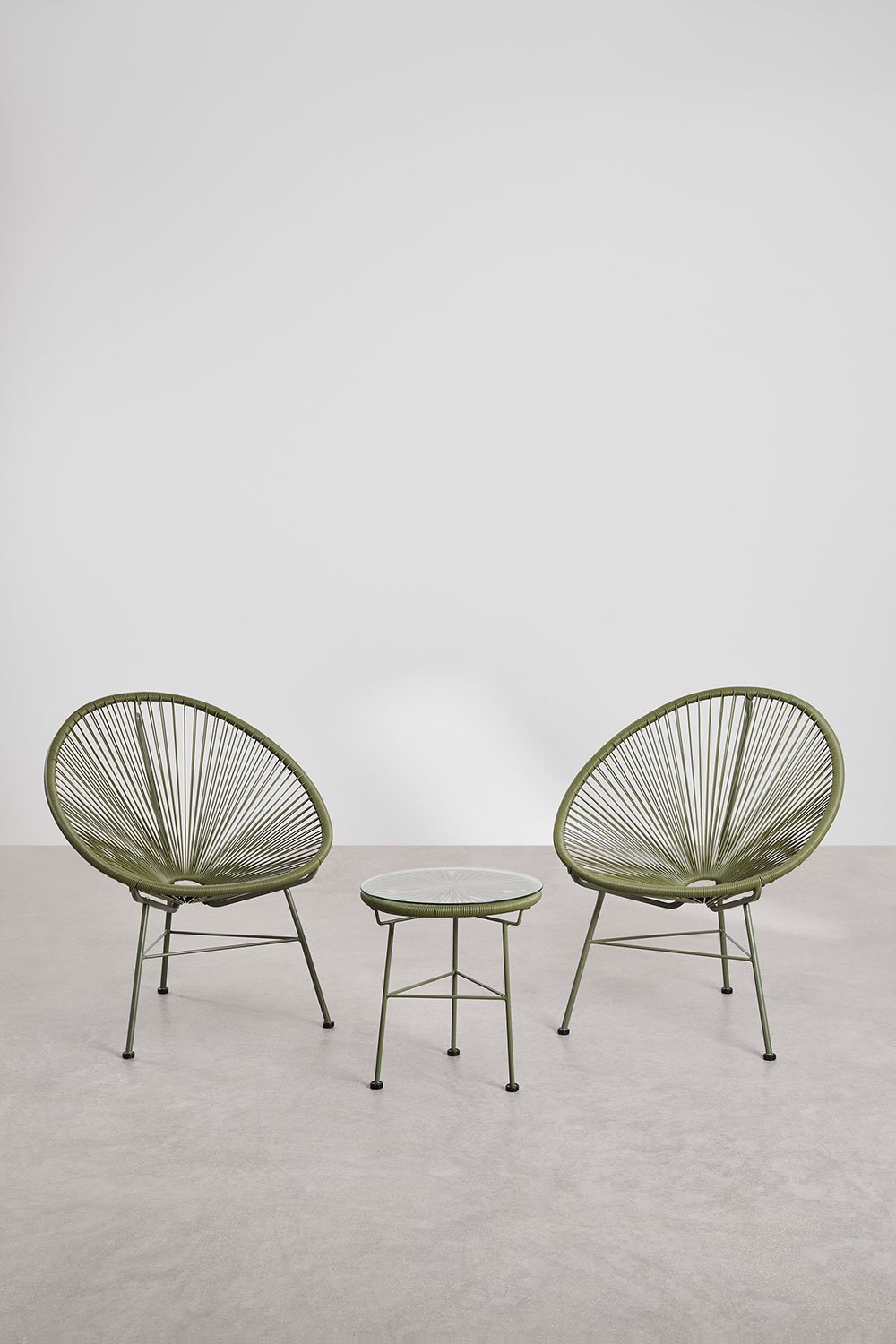 Living room set with 2 armchairs and side table in steel and synthetic rattan New Acapulco, gallery image 1