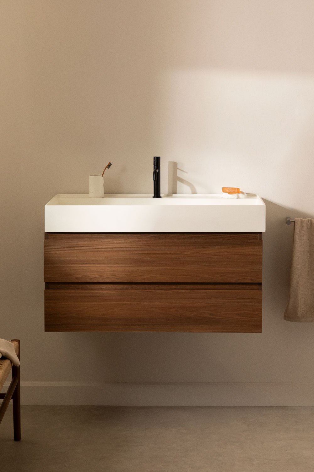 Ona suspended bathroom furniture set in wood and ash veneer with integrated sink, gallery image 1