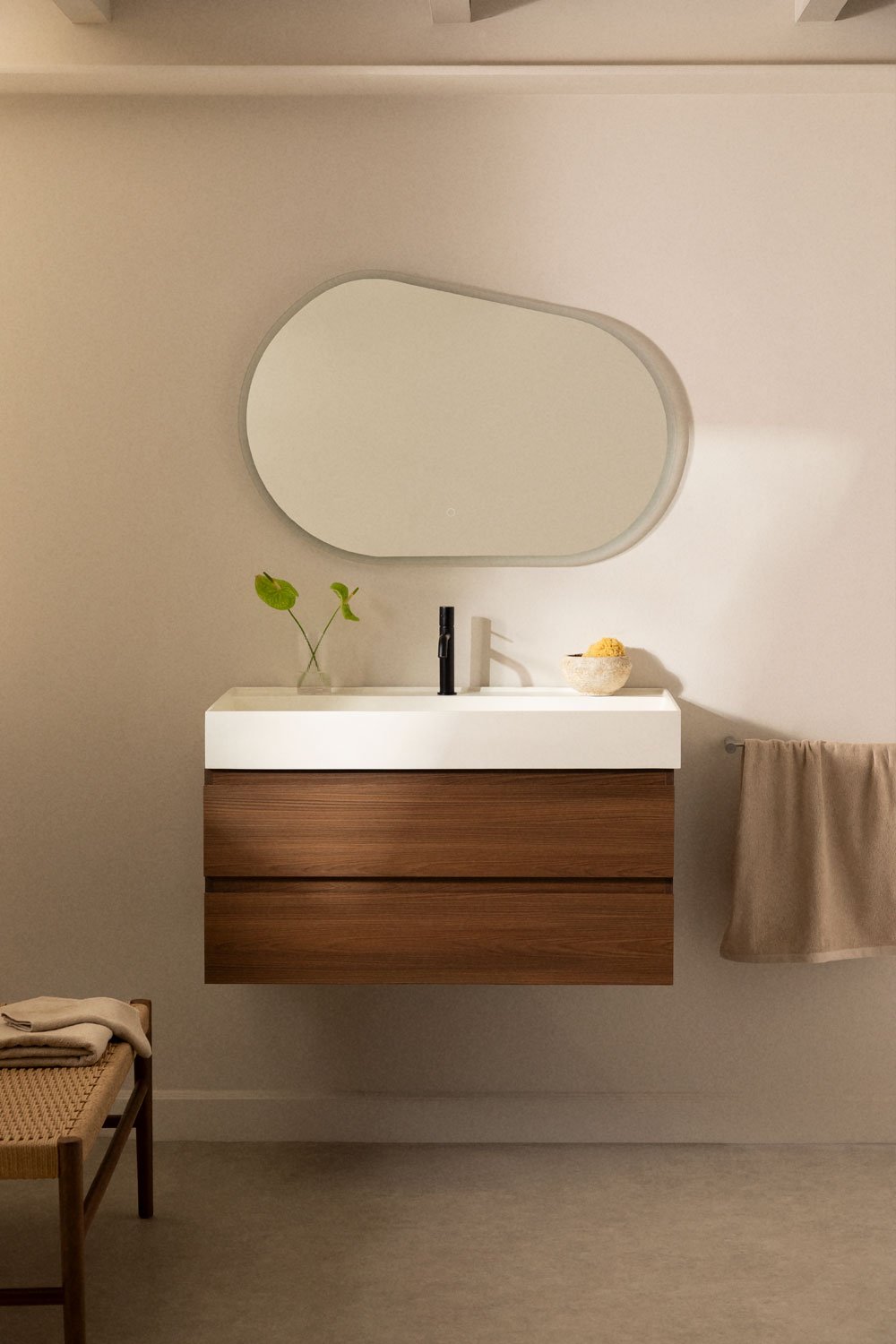 Ona suspended bathroom furniture set in wood and ash veneer with integrated sink, gallery image 1