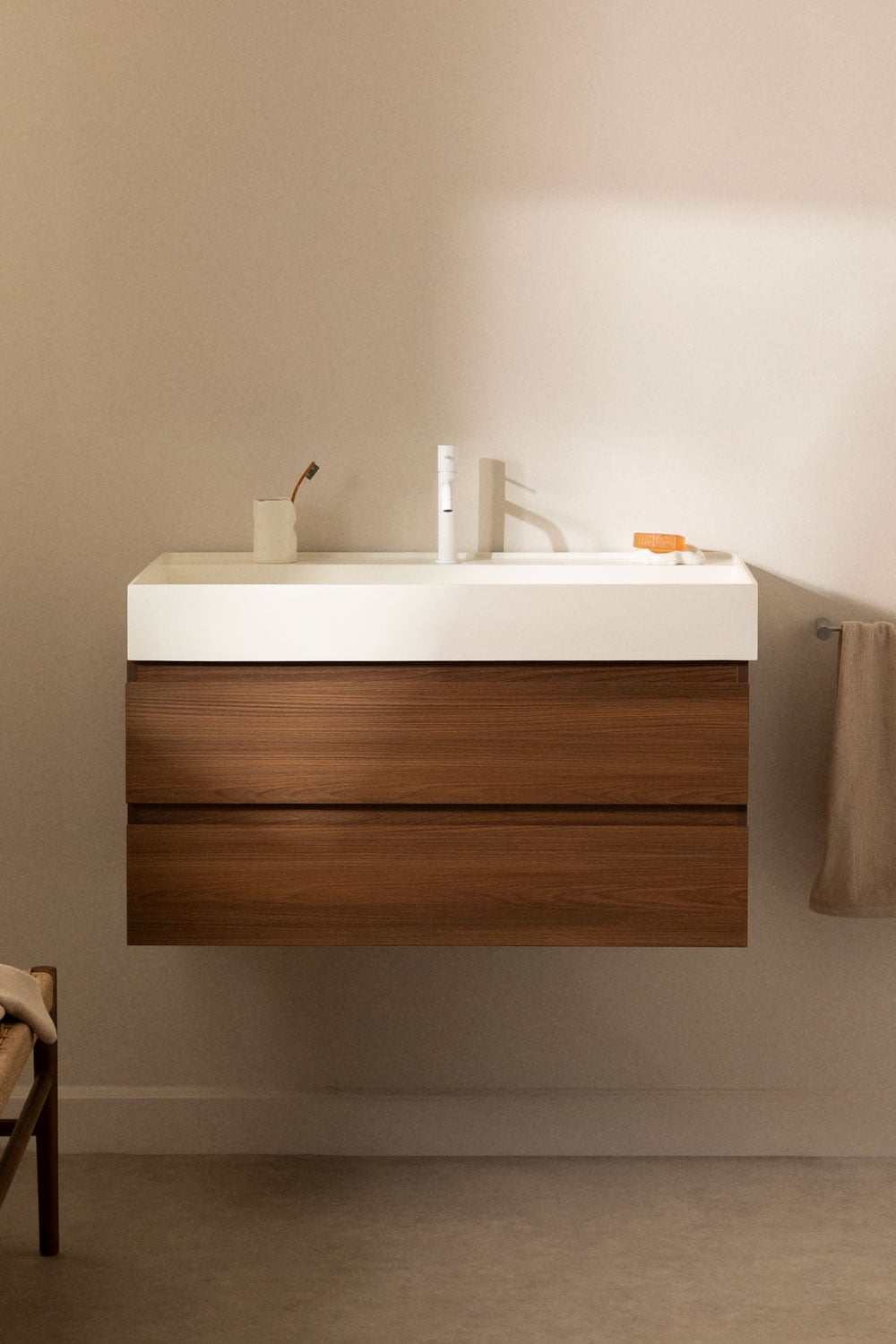 Ona suspended bathroom furniture set in wood and ash veneer with integrated sink, gallery image 1