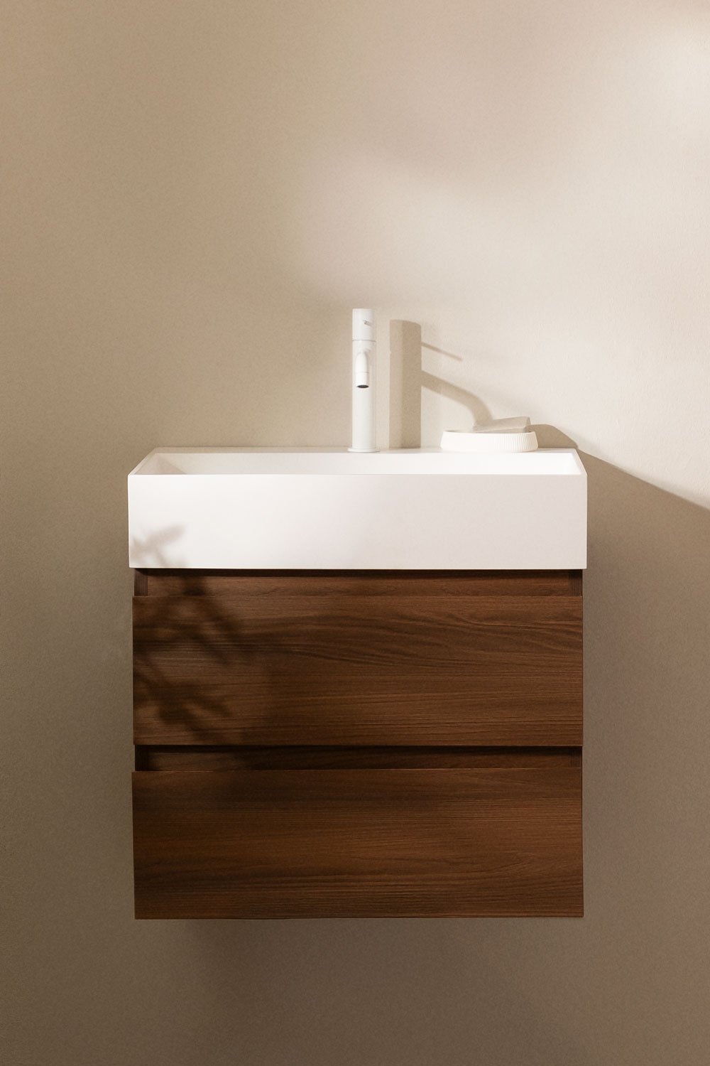 Ona suspended bathroom furniture set in wood and ash veneer with integrated sink, gallery image 1