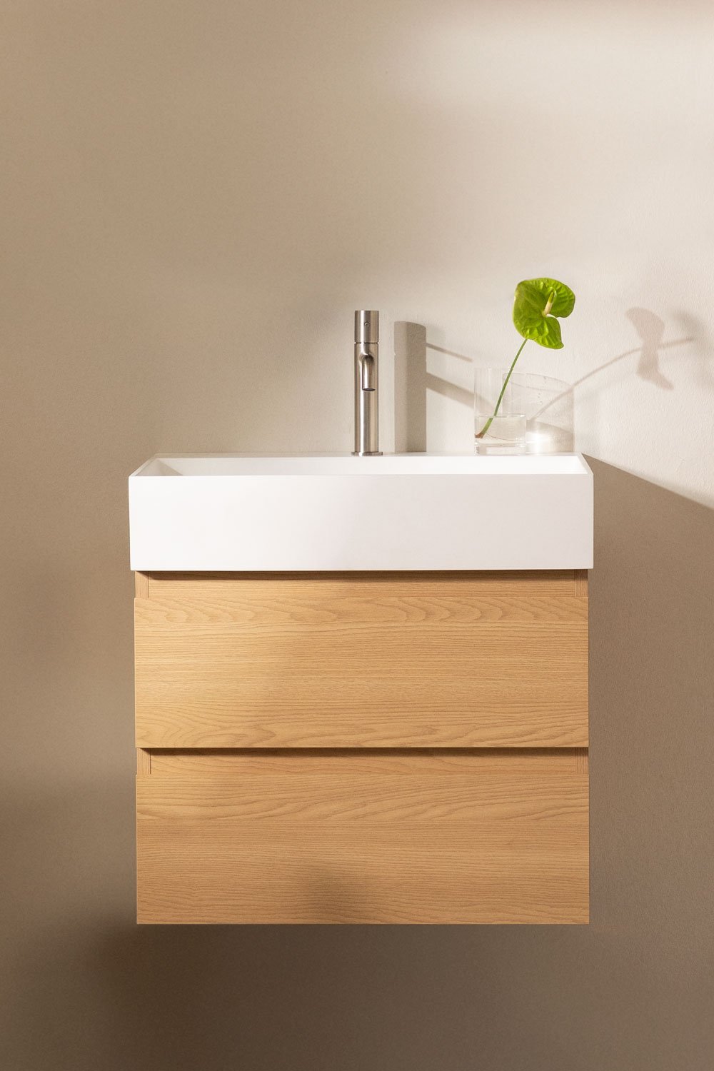 Ona suspended bathroom furniture set in wood and ash veneer with integrated sink, gallery image 1