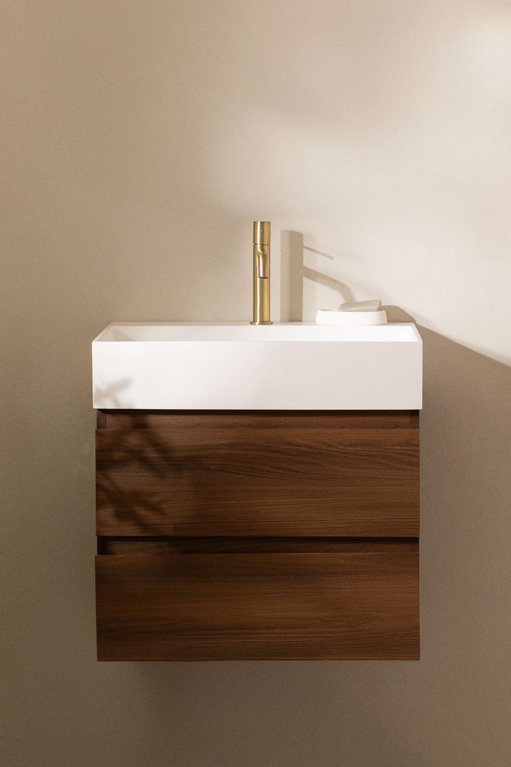 Ona suspended bathroom furniture set in wood and ash veneer with integrated sink, gallery image 1