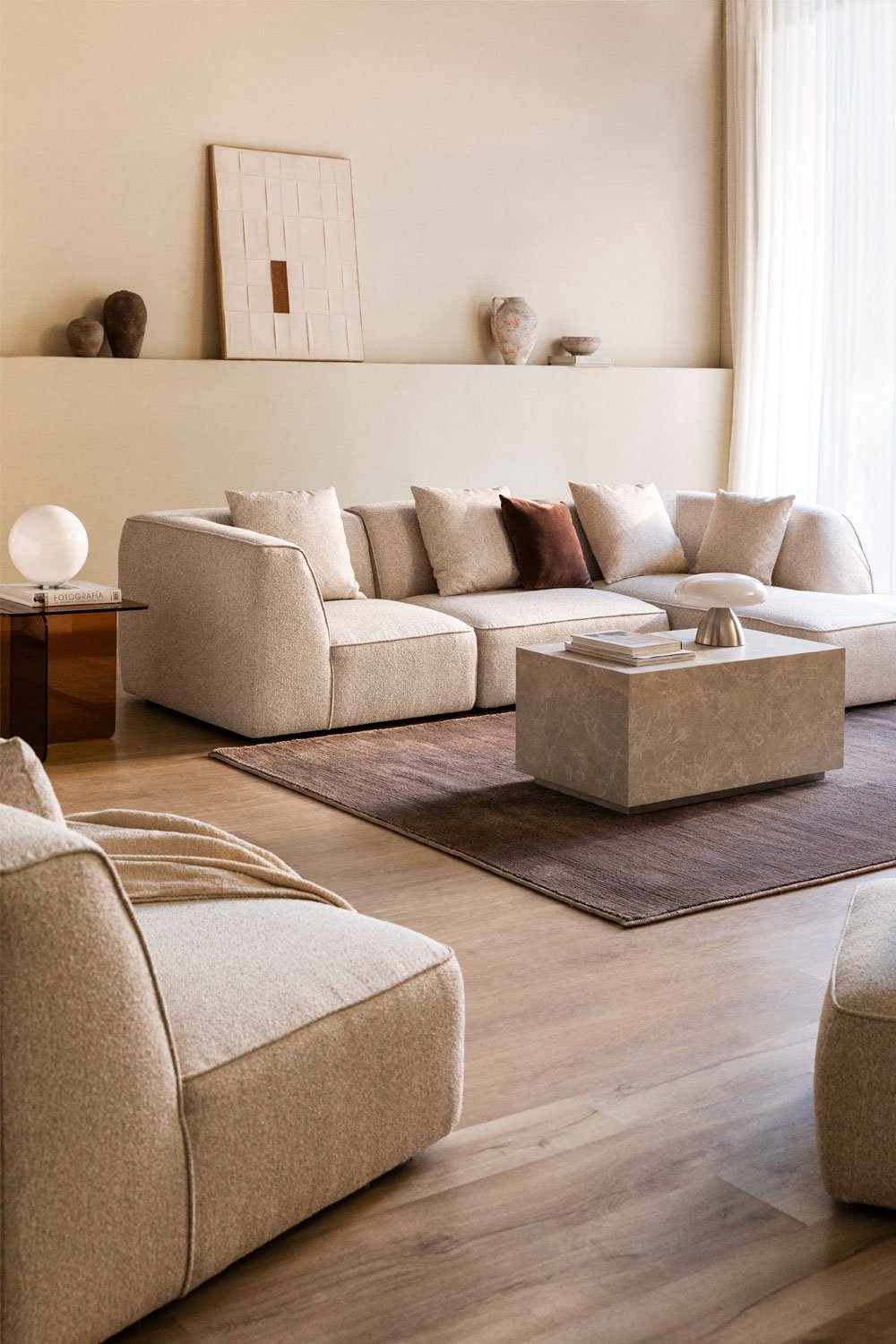 3-piece modular sofa with chaise longue on the right in Cardea bouclé fabric, gallery image 1