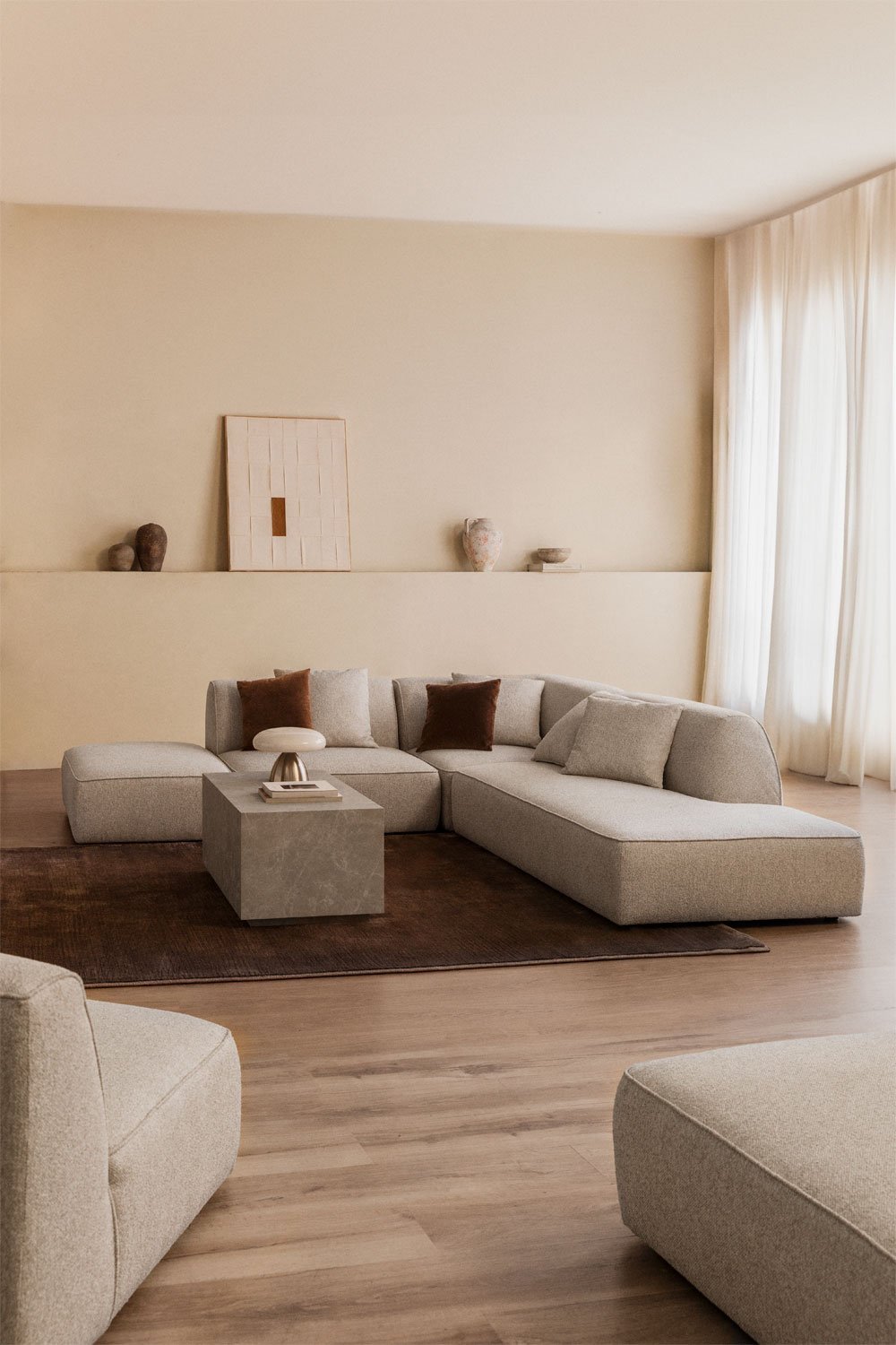 3-piece modular corner sofa with right-hand divan and pouf in Cardea bouclé fabric, gallery image 1