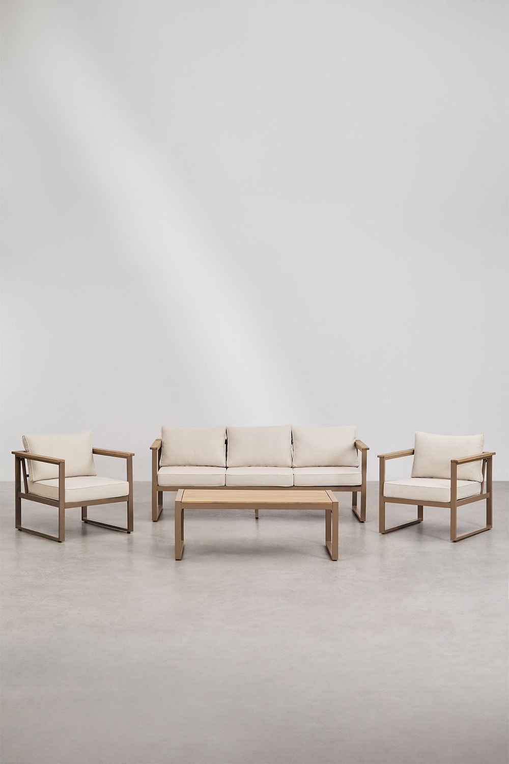 Garden set with 3-seater sofa, 2 armchairs and coffee table in aluminium and acacia wood Lipov, gallery image 2