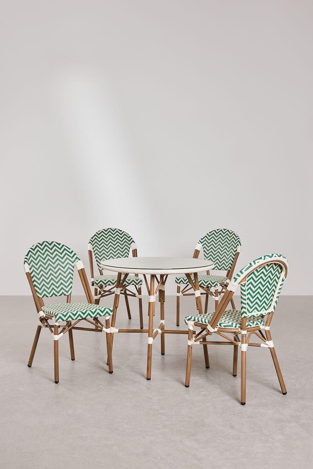 Round table set Ø80 cm and 4 stackable dining chairs in aluminum and synthetic rattan Brielle Bistro, gallery image 2