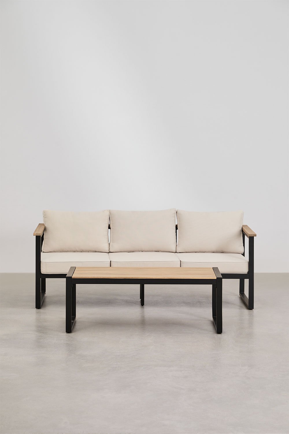 Lipov garden set with 3-seater sofa and coffee table in aluminum and acacia wood 110x55cm, gallery image 1