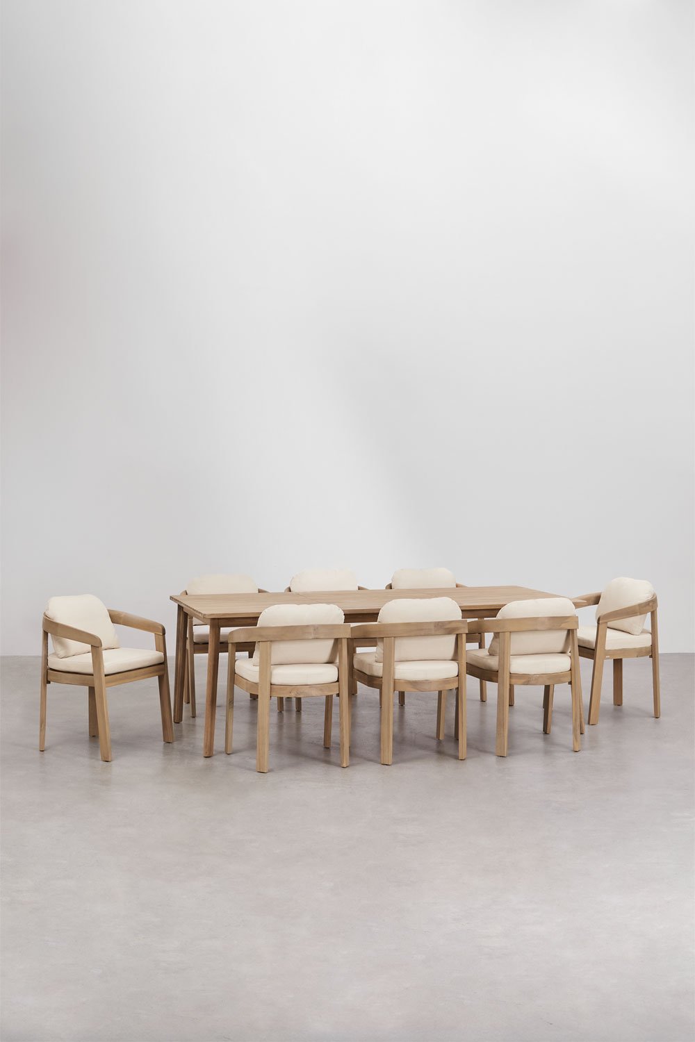 Rectangular table set 220x100 cm in Kaela acacia wood and 8 Uleno acacia wood garden chairs, gallery image 2