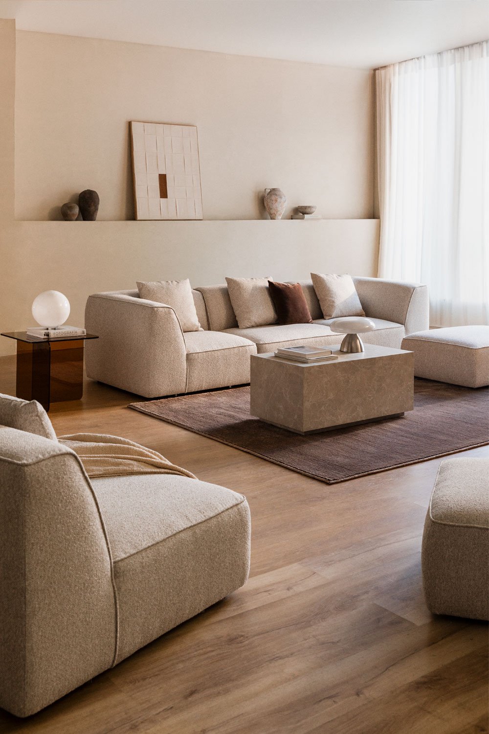 3-piece modular sofa with pouf in Cardea bouclé fabric, gallery image 1