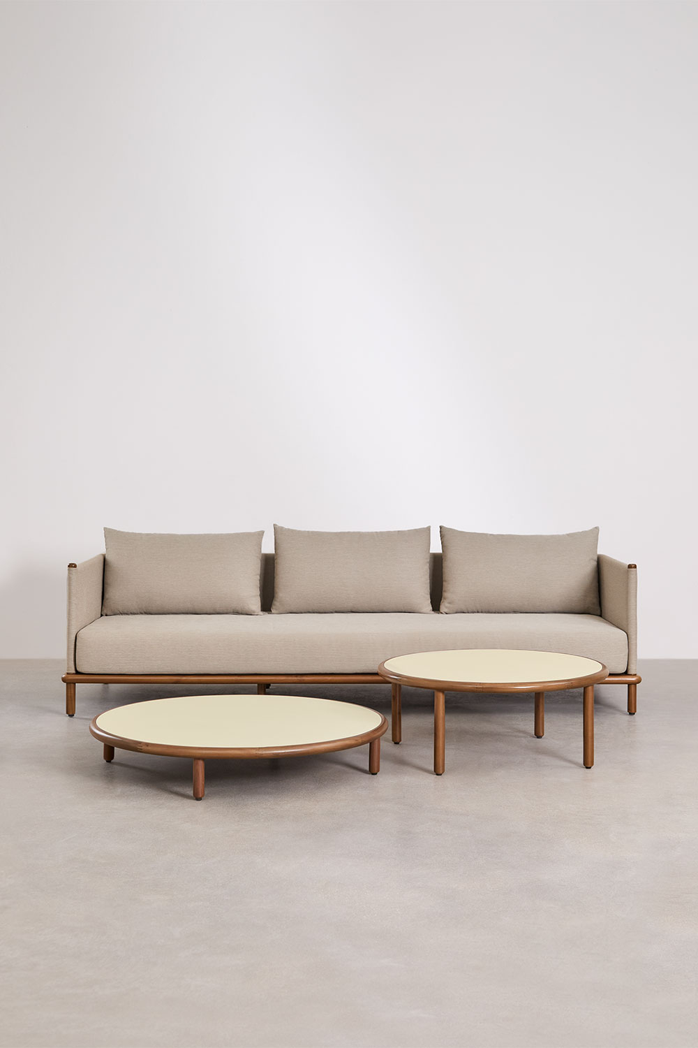 Living room set with 3-seater sofa and 2 round acacia wood coffee ...