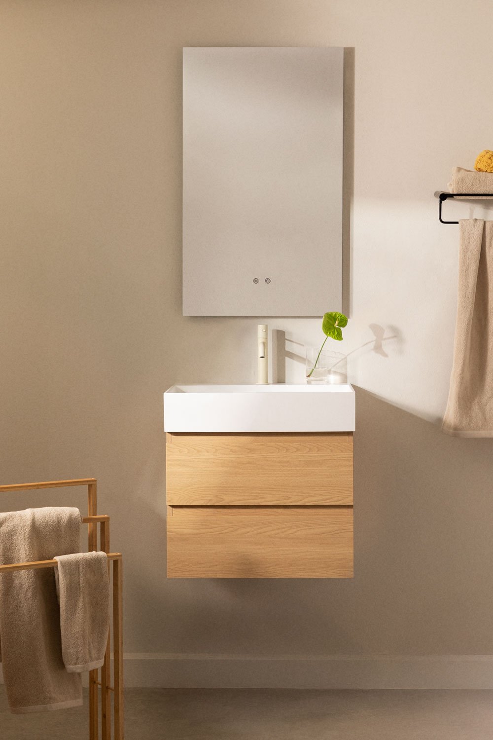 Bathroom furniture set in wood and ash veneer with integrated Ona washbasin, gallery image 1