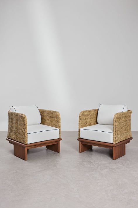Pack of 2 Famara rattan and acacia wood armchairs