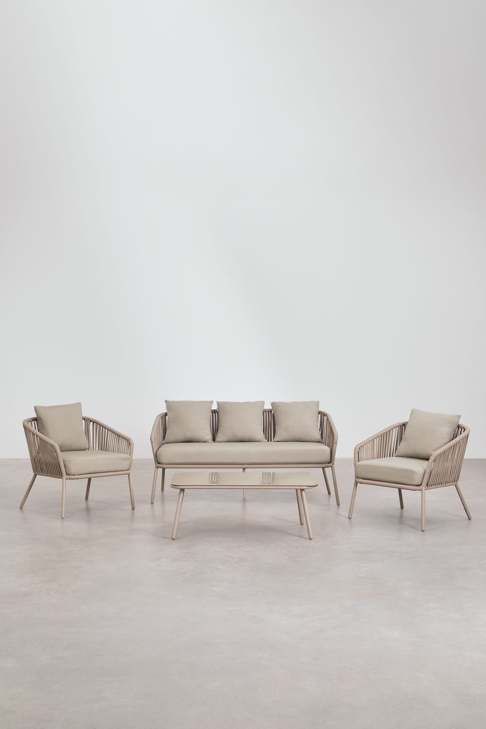 Garden set with 2-seater sofa, 2 armchairs and coffee tables in aluminium and braided rope Arhiza, gallery image 2