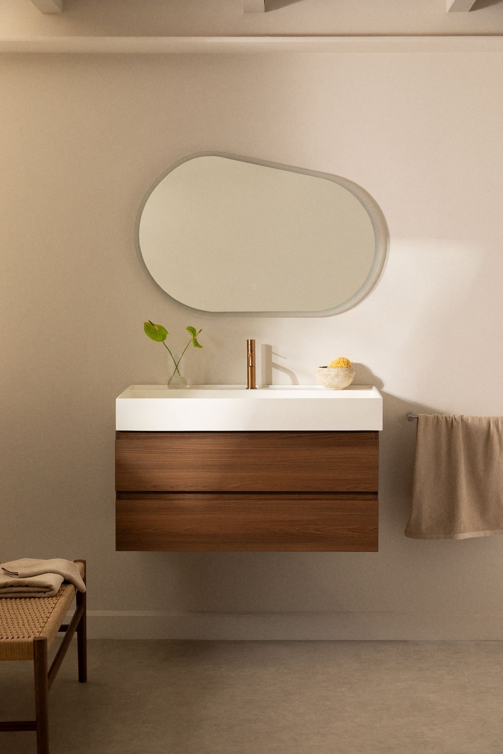 Ona suspended bathroom furniture set in wood and ash veneer with integrated sink, gallery image 1