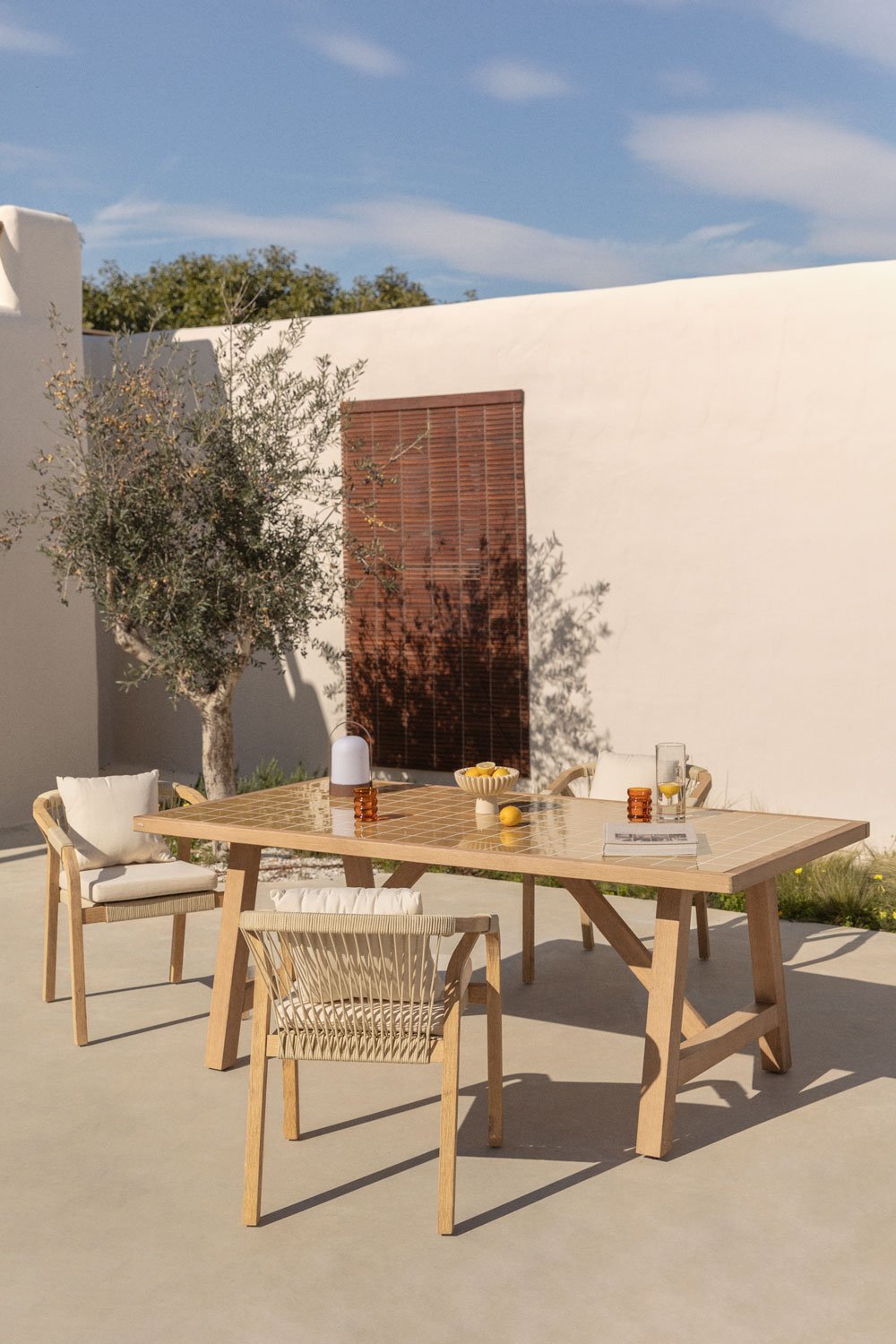 Rectangular garden table 200x100 cm acacia wood and Dubai tiles, gallery image 1