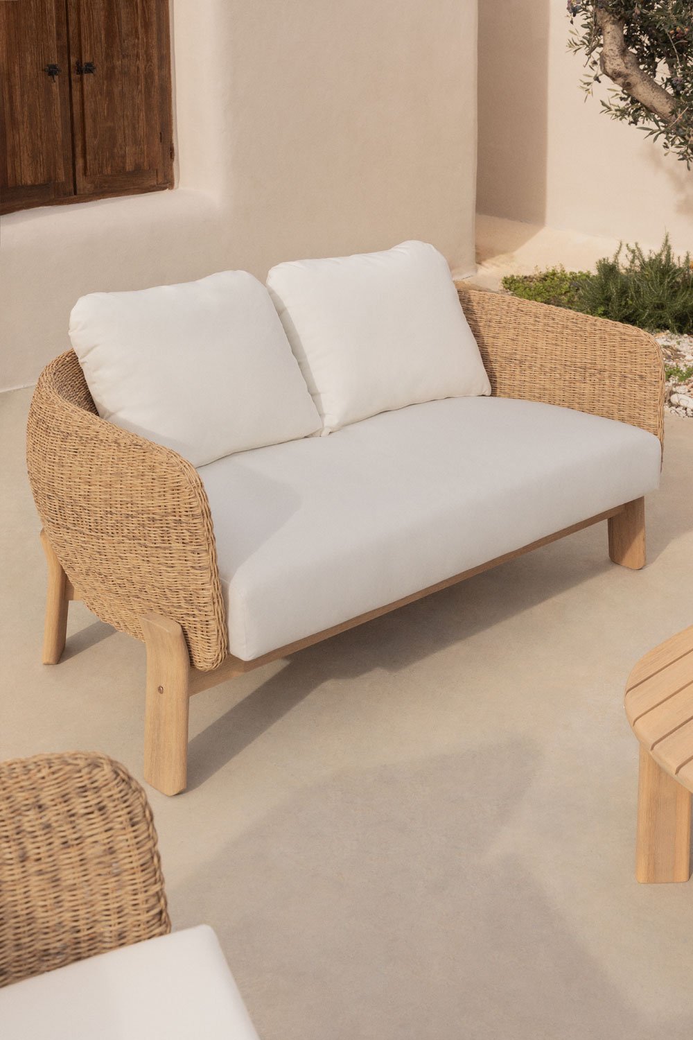 Garden sofa 2-seater in acacia wood and synthetic rattan Leilan, gallery image 1