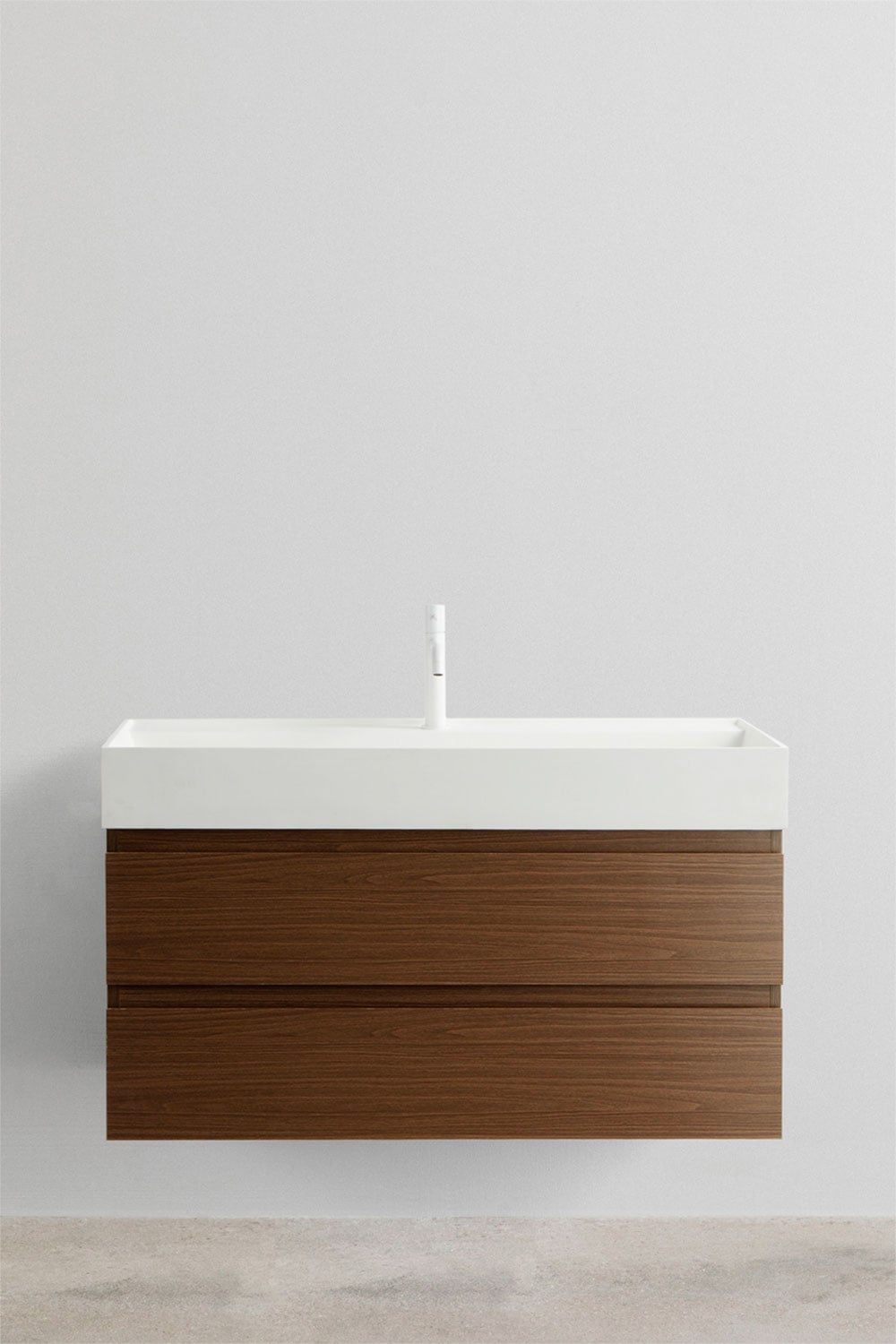 Ona suspended bathroom furniture set in wood and ash veneer with integrated sink, gallery image 2