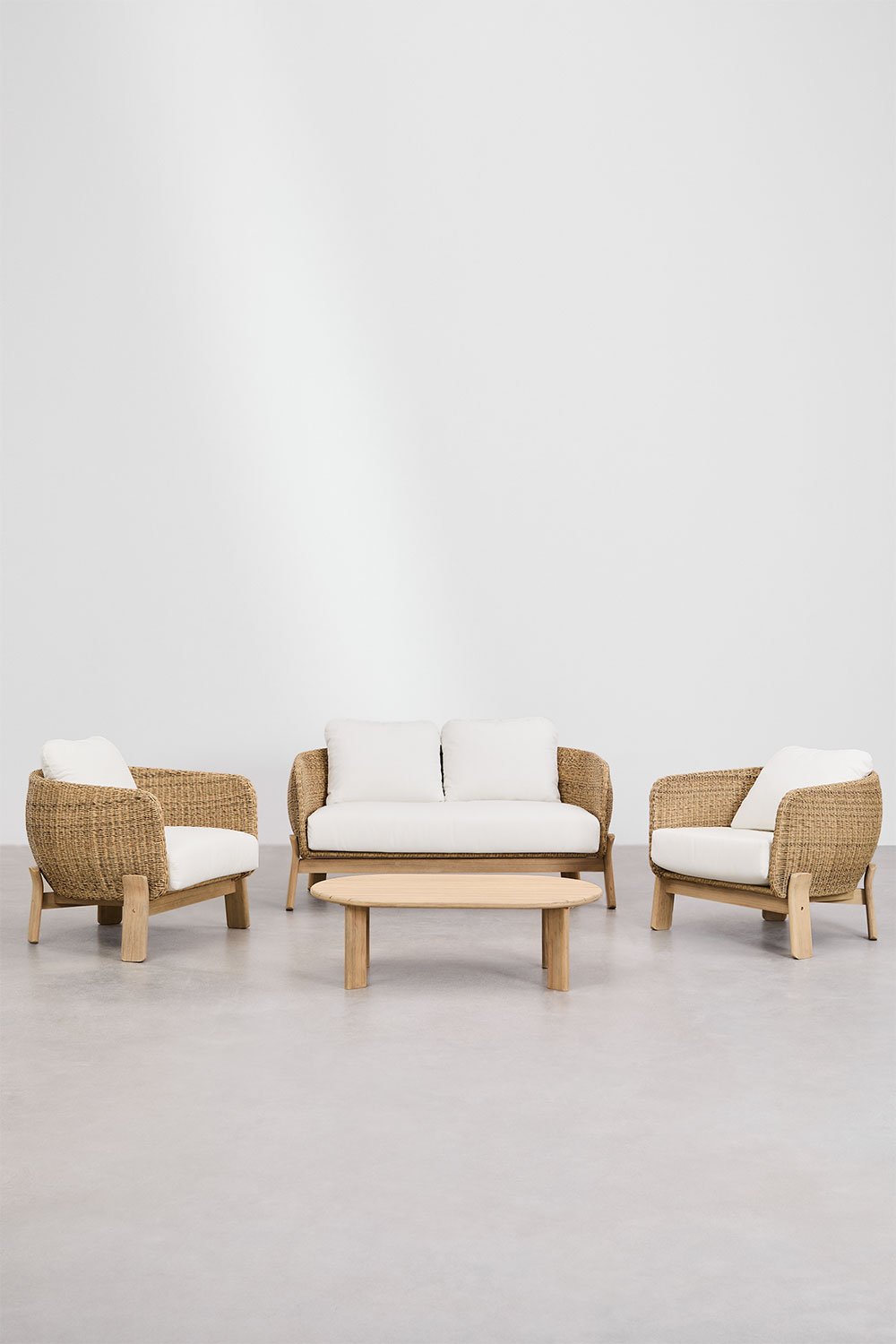 Leilan garden set with 2-seater sofa, 2 armchairs and coffee table in acacia wood and rattan, gallery image 2