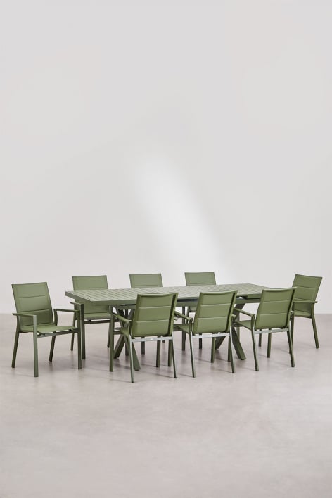 Extendable rectangular table set 180-240x90 cm and 8 stackable garden chairs with armrests in aluminium Karena