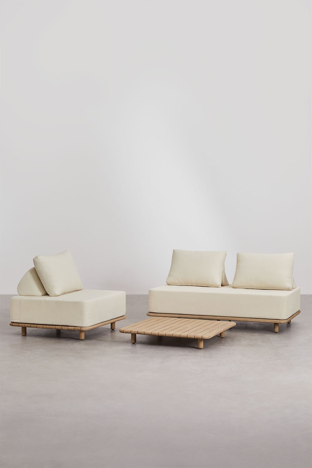 Living room set with 2-seater sofa, armchair, and acacia wood coffee table Portet, gallery image 1