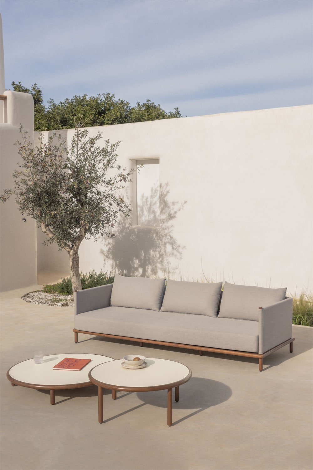 Garden set with 3-seater sofa and 2 round coffee tables in Olivia acacia wood, gallery image 1