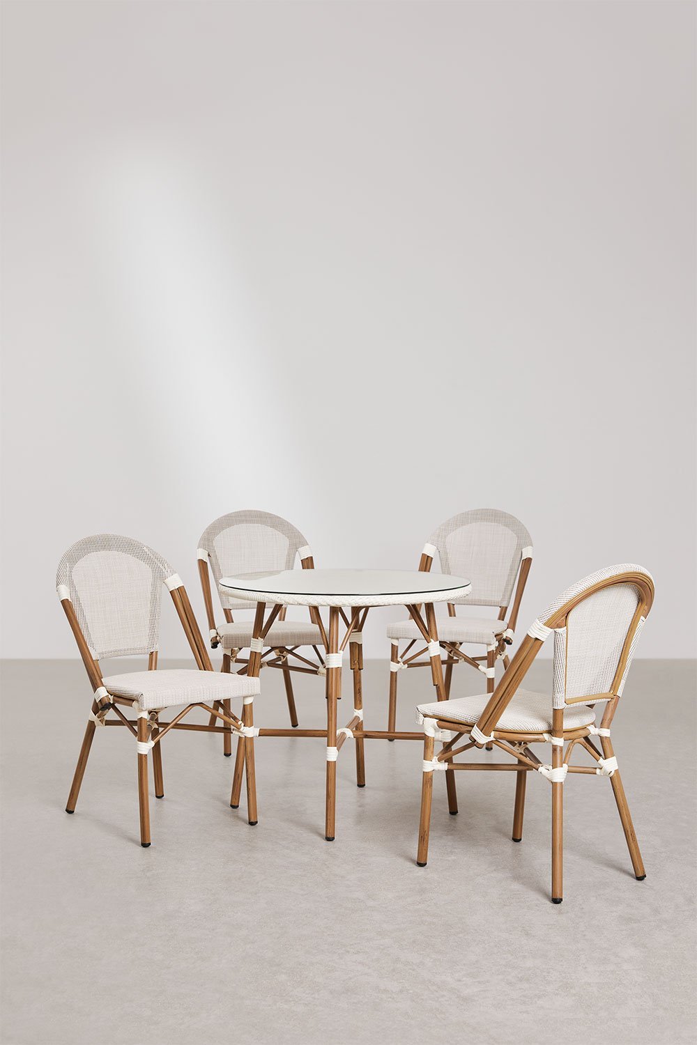 Set of round table Ø80 cm and 4 stackable chairs in textilene and aluminium Brielle Bistro, gallery image 2