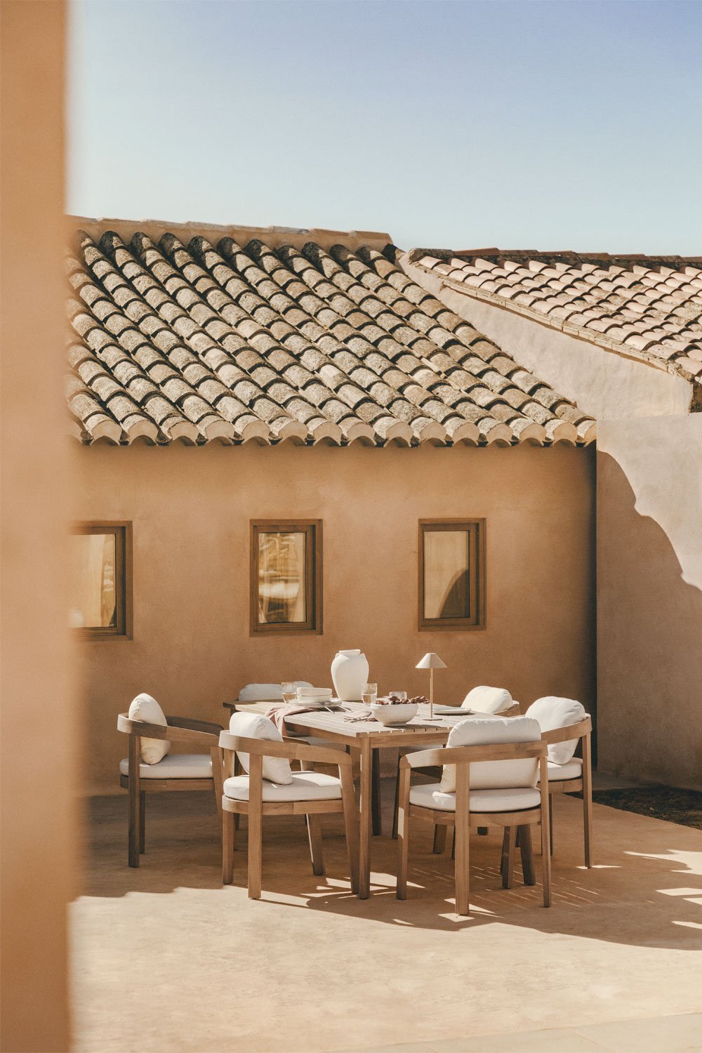 Rectangular table set 180x90 cm in Kaela acacia wood and 6 Uleno acacia wood garden chairs, gallery image 1