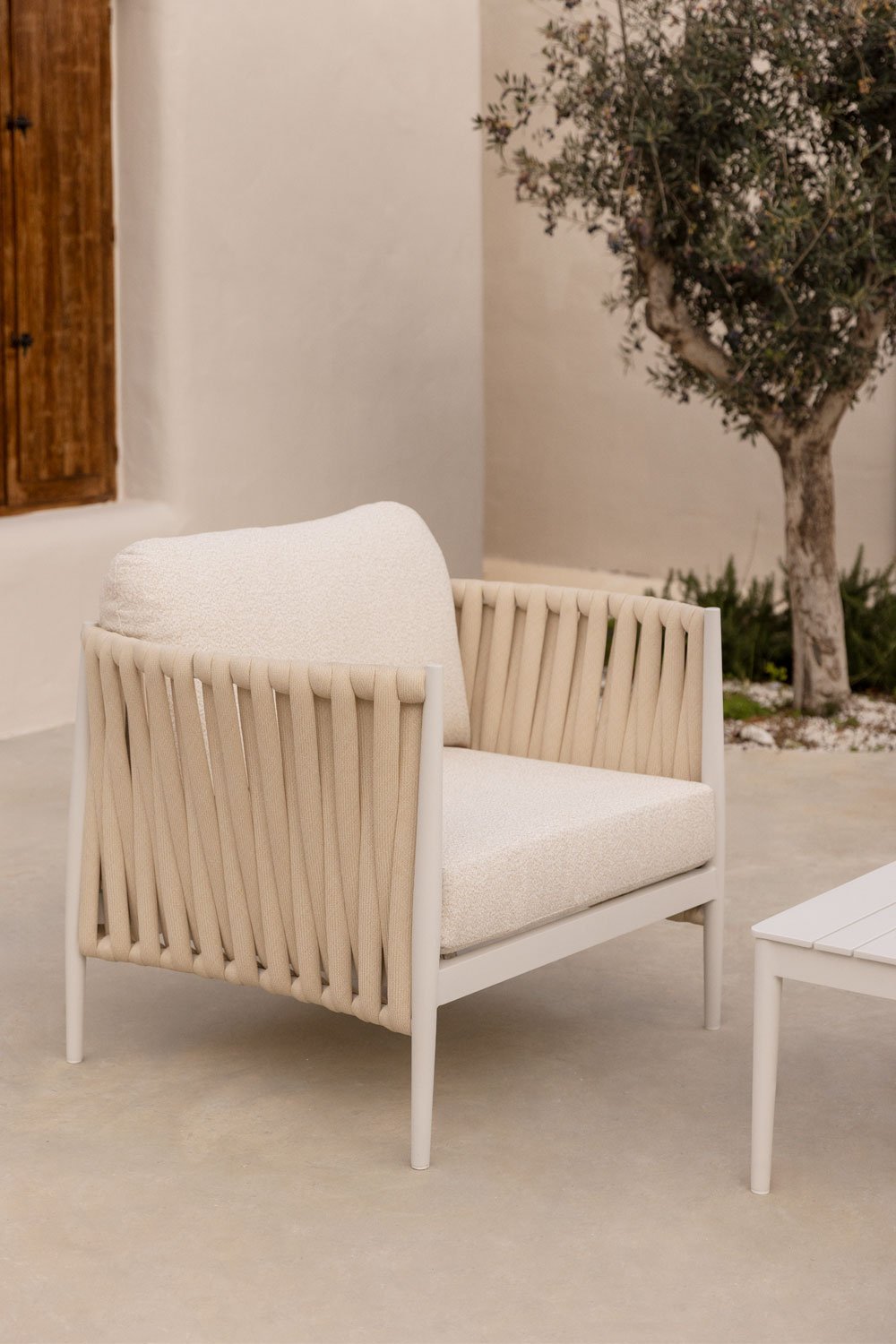 Sereilen garden armchair in aluminium and bouclé fabric, gallery image 1