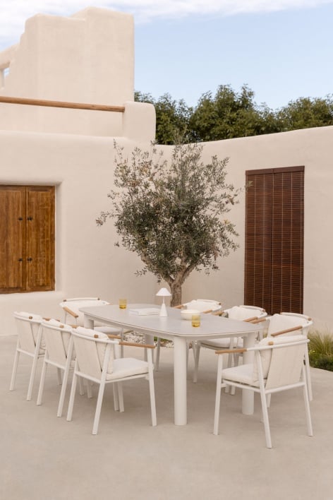 Rectangular extendable table set 220-280x100 cm in Zinti ceramic and 8 garden chairs in aluminum and Yervin bouclé fabric