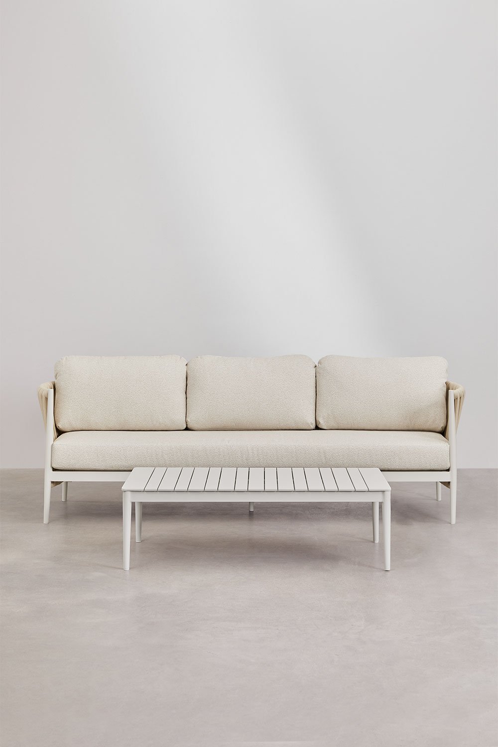 Garden set with 3-seater sofa in bouclé fabric and rectangular coffee table 120x70 cm in Sereilen aluminium, gallery image 2