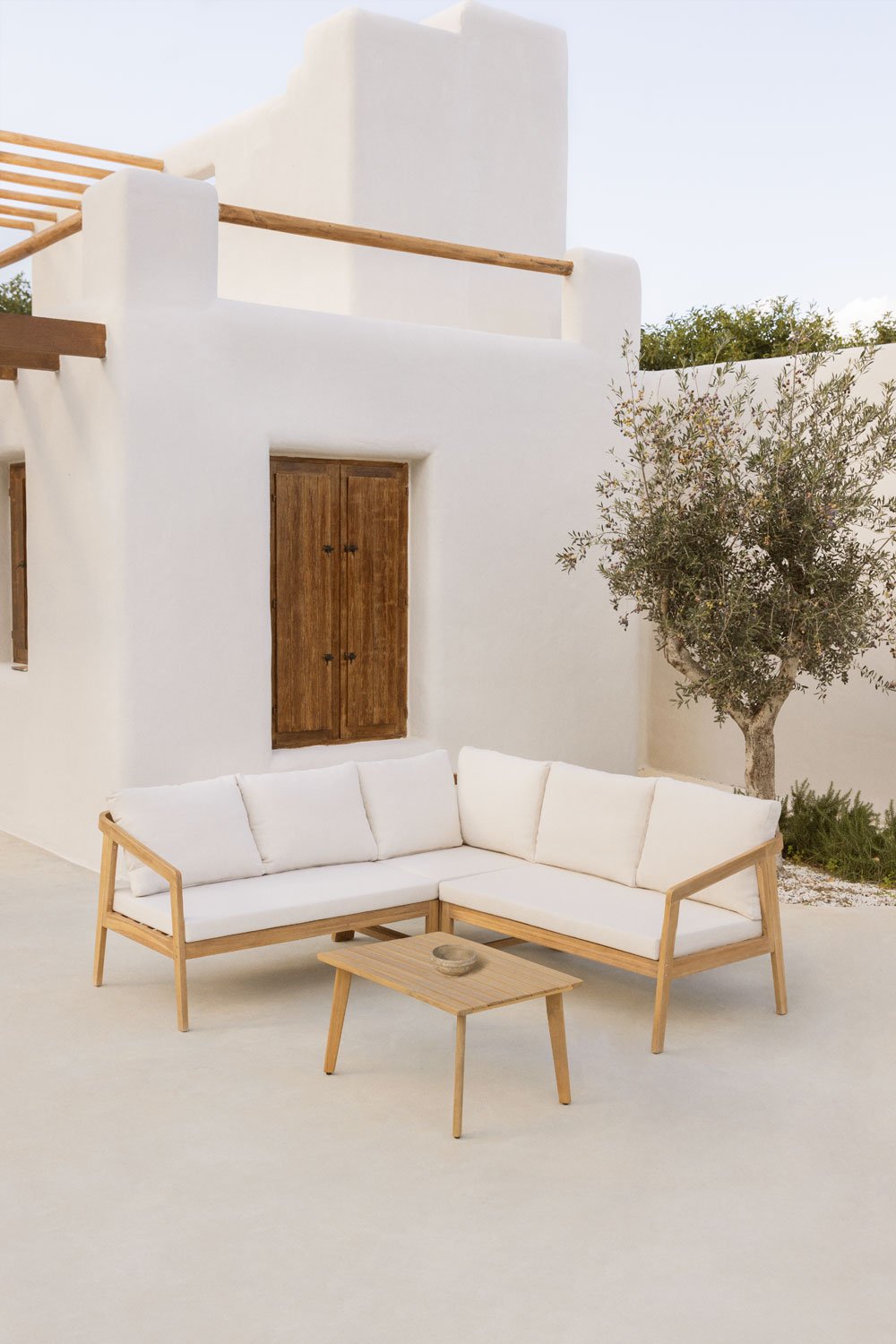 Garden set with corner sofa and side table in acacia wood Kaela, gallery image 1