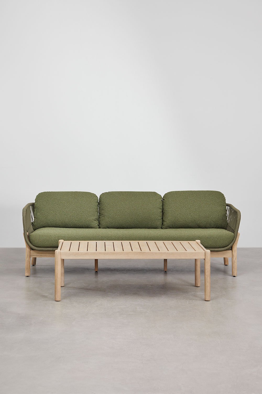 Garden set with 3-seater sofa and rectangular coffee table 120x60 cm in aluminum and acacia wood Karvia, gallery image 2