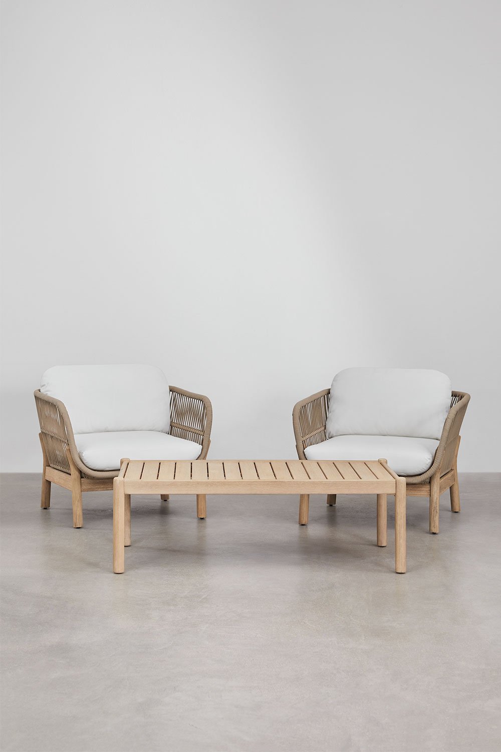 Garden set with 2 armchairs and coffee table in acacia wood and braided rope Karvia, gallery image 1