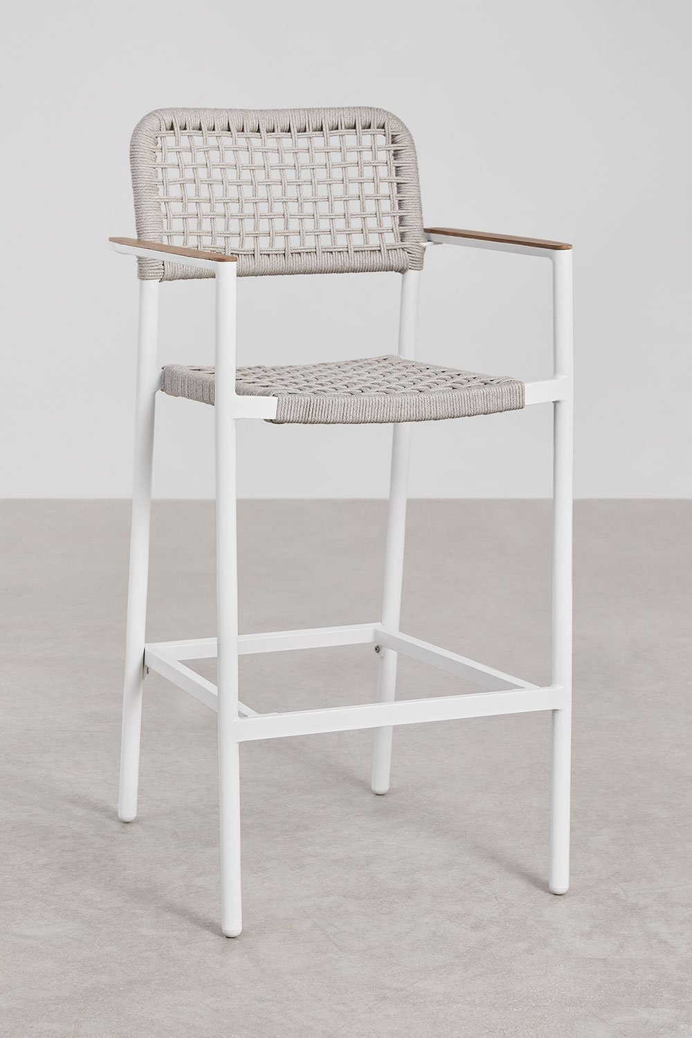 Nediam high garden stool with armrests in aluminium and braided rope, gallery image 1