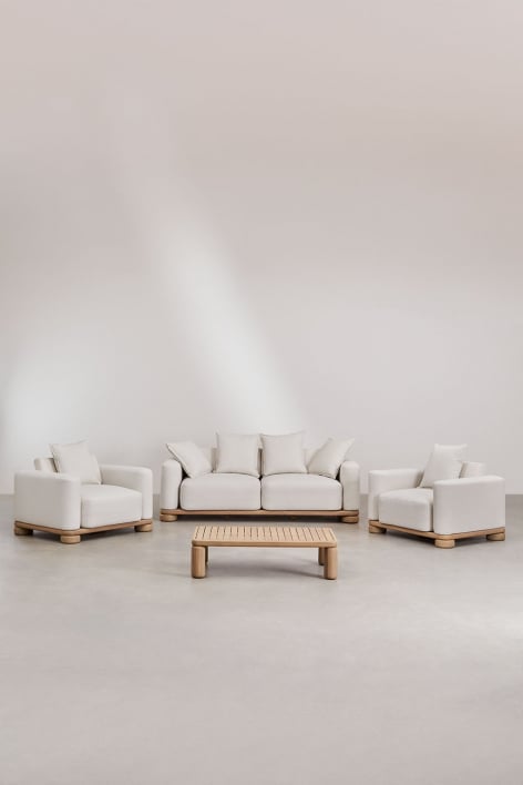 Living room set with 2-seater sofa, 2 armchairs and coffee table in acacia wood 125x80 cm Ioanis