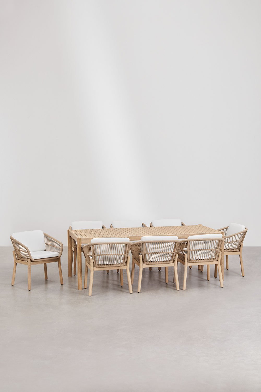 Rectangular table set 220x100 cm and 8 garden chairs in acacia wood and braided rope Karvia, gallery image 2