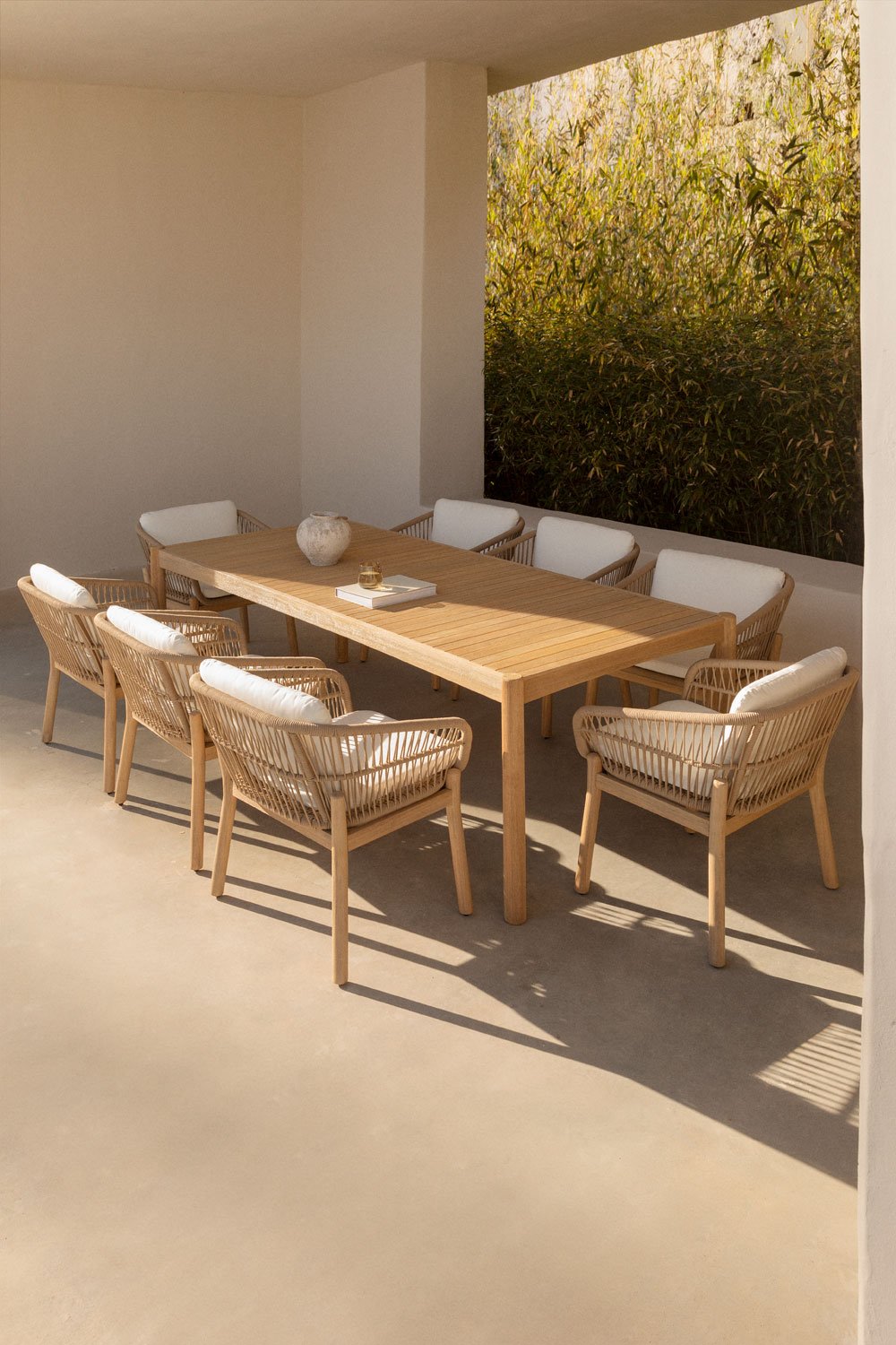 Rectangular table set 220x100 cm and 8 garden chairs in acacia wood and braided rope Karvia, gallery image 1