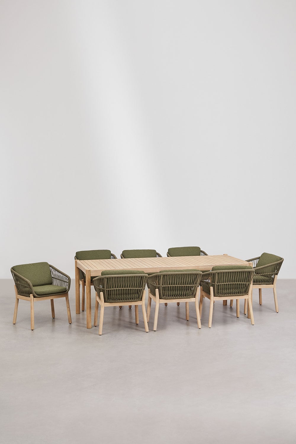 Rectangular table set 220x100 cm and 8 garden chairs in acacia wood and braided rope Karvia, gallery image 2
